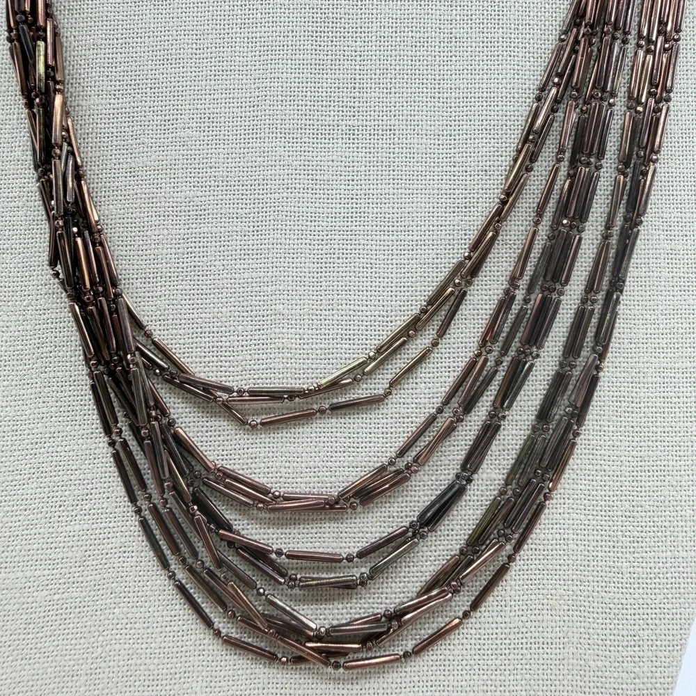 Bronze Tone Bugle Bead Multi Strand Necklace Layered Boho Statement Jewelry